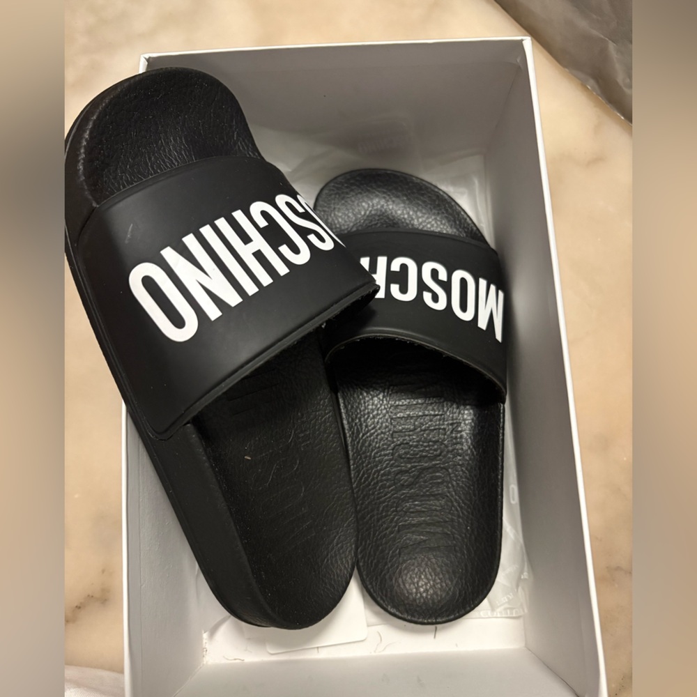 Moschino Men's Black Slides with White Logo